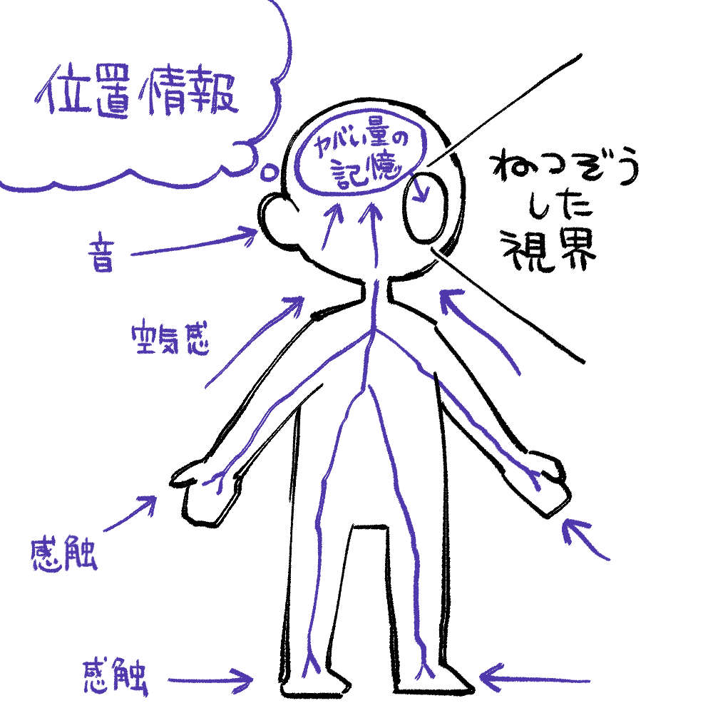 画像：シャゲの視野生成イメージ図。手足の感触や空気感・音・位置情報などから予想される視界を捏造している。